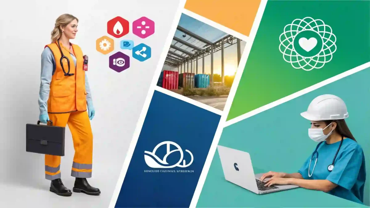 A collage of Recraft-generated visuals (e.g., logo, social media post, product mockup) for different industries.